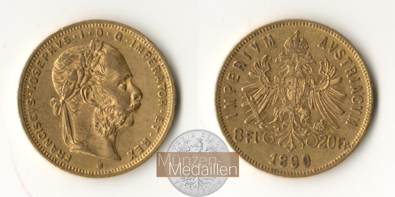 Ungarn MM-Frankfurt Feingold: 5,81g 8 Forint / 20 Franken 1890 