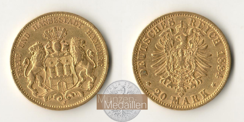 Deutsches Kaiserreich - Hamburg MM-Frankfurt Feingold: 7,17g 20 Mark 1884 J 