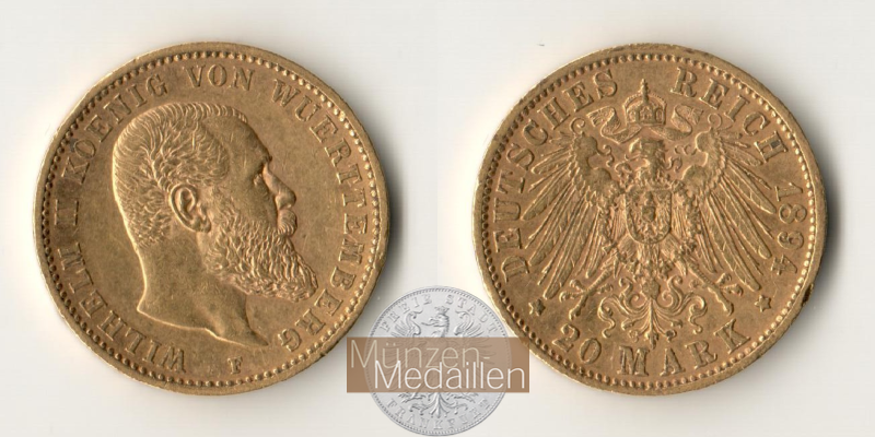 Würtemberg, Wilhelm II. König 1891-1918 MM-Frankfurt Feingewicht: 7,17g Gold 20 Mark 1894 F 