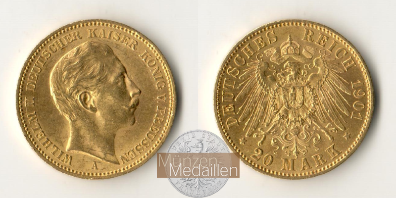 Dt. Kaiserreich Preussen, Wilhelm II. MM-Frankfurt Feingold: 7,17g 20 Mark 1901 A 