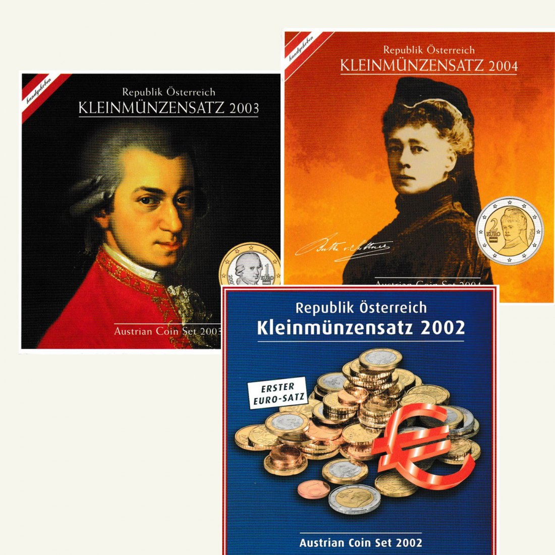  Offiz 3x Euro-KMS Österreich *Republik Österr. + A. Mozart + B. Suttner* 2002 - 2004 *hgh*   