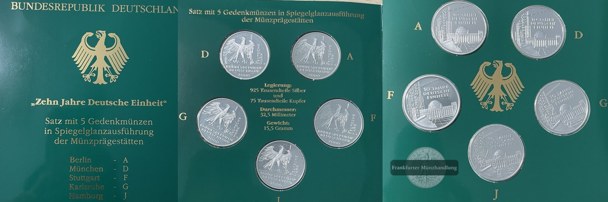  Deutschland 5 x 10 DM  2000 (10 Jahre Deutsche Einheit) FM-Frankfurt  Feinsilber: 71,65g   