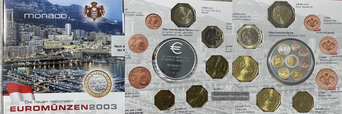  Monaco Silber-Gedenkpägung Unze mit KMS 2Euro - 1 Cent  2003  FM-Frankfurt  Feinsileber:31,g   