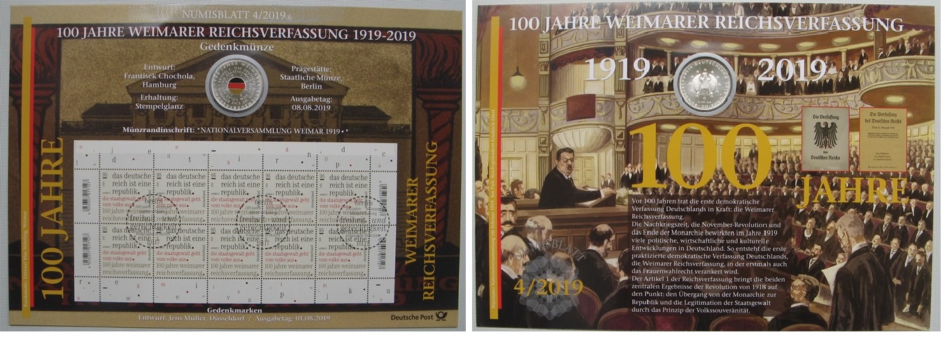  2019, Deutschland, Numisblatt: 100 Jahre Weimerer Reichsverfassung mit 20 € Euro Gedenkmünze (.925)   