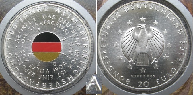  2019, Deutschland, Numisblatt: 100 Jahre Weimerer Reichsverfassung mit 20 € Euro Gedenkmünze (.925)   