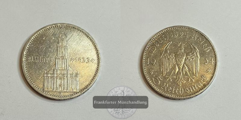  Deutschland Drittes Reich 5 Reichsmark 1934 1. Jahrestag Garnison FM-Frankfurt Feinsilber:12,5   