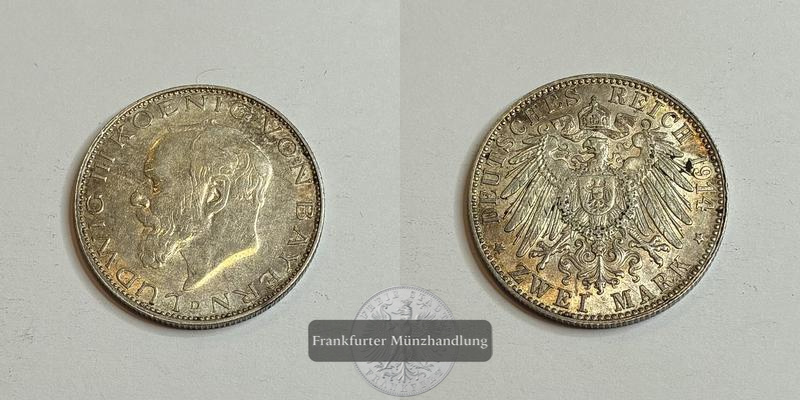  Deutsches Kaiserreich Bayern, Ludwig III.  2 Mark 1914 D  FM-Frankfurt  Feinsilber: 10g   