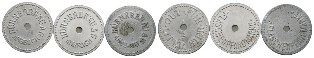  Bayern, Ansbach, Hürnerbräu A.G., Gut für 1 Liter Bier/Flaschenpfandmarke (3 Marken); Menzel 622   