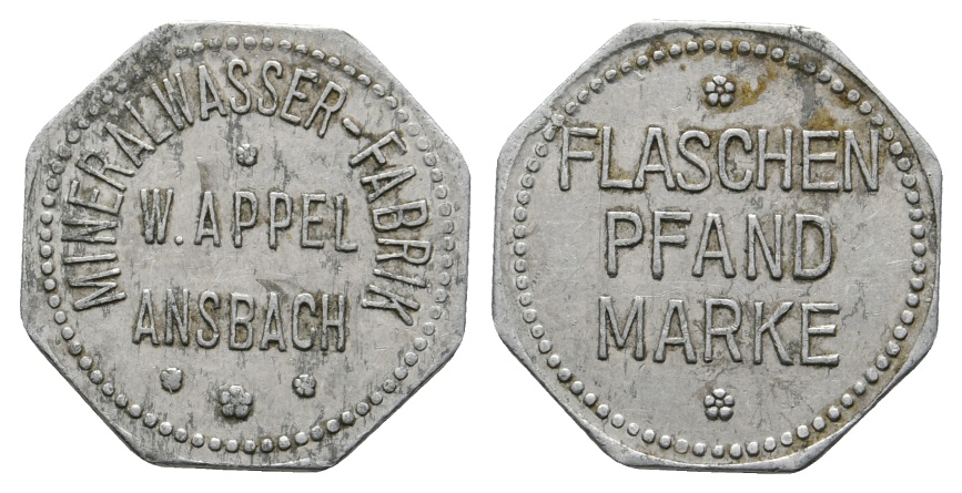  Bayern, Ansbach, Mineralwasser-Fabrik W.Appel Ansbach, Flaschenpfandmarke; Menzel 633   