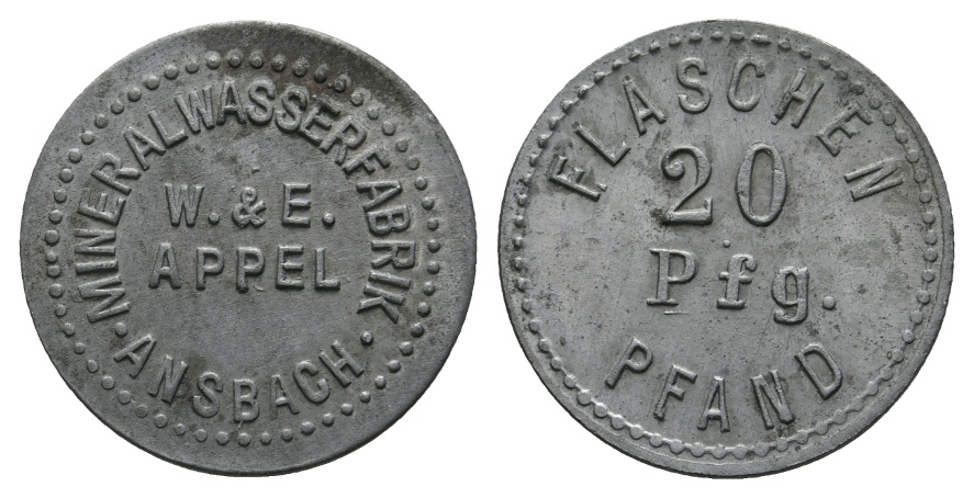  Bayern, Ansbach, Mineralwasser-Fabrik W.Appel Ansbach, Flaschenpfand 20 Pfg.; Menzel 634   