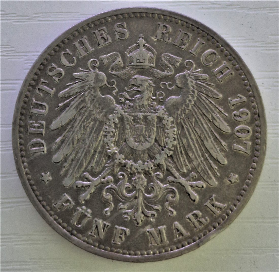  5 Mark 1907 A, Wilhelm II Dt. Kaiser König von Preussen, SILBER   