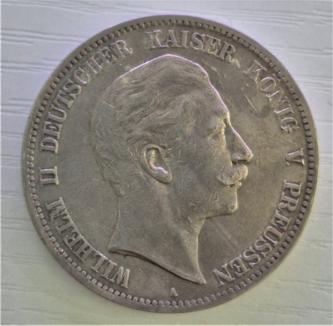  5 Mark 1907 A, Wilhelm II Dt. Kaiser König von Preussen, SILBER   