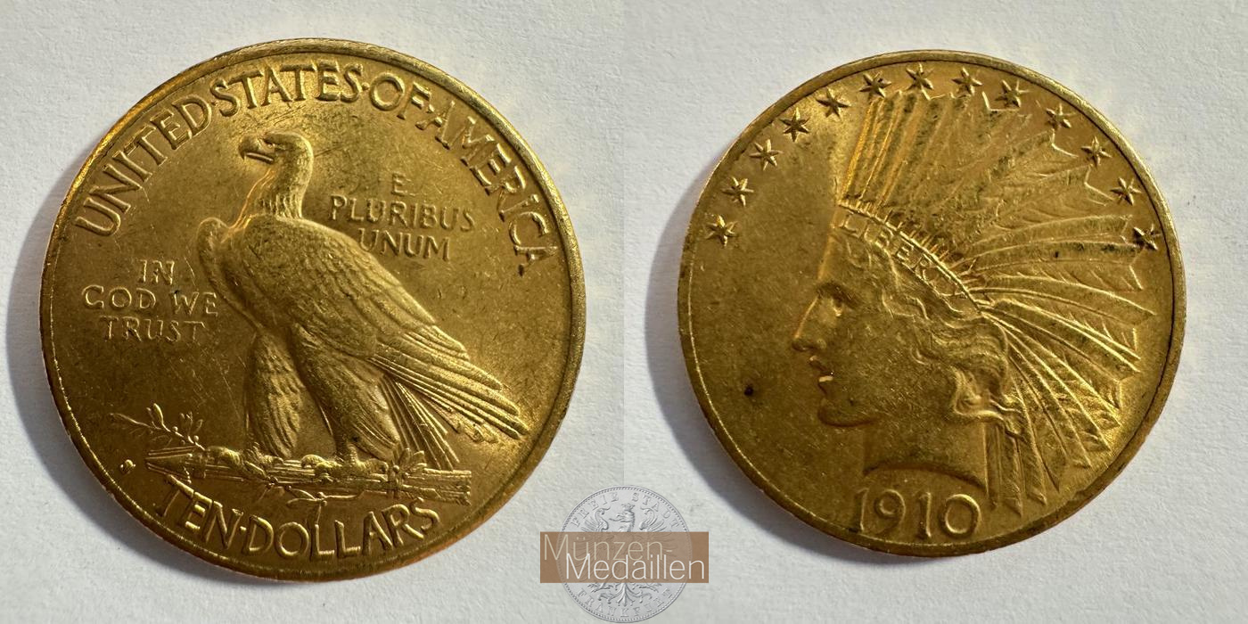  USA 10 Dollars (Indian Head) 1910 'S'  MM-Frankfurt KM#130 Feingold: 15,05g   