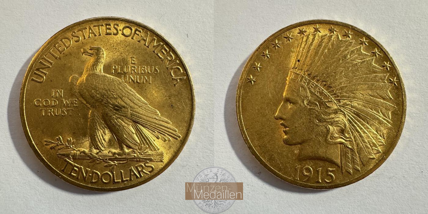  USA 10 Dollars (Indian Head) 1915 MM-Frankfurt KM#130 Feingold: 15,05g   