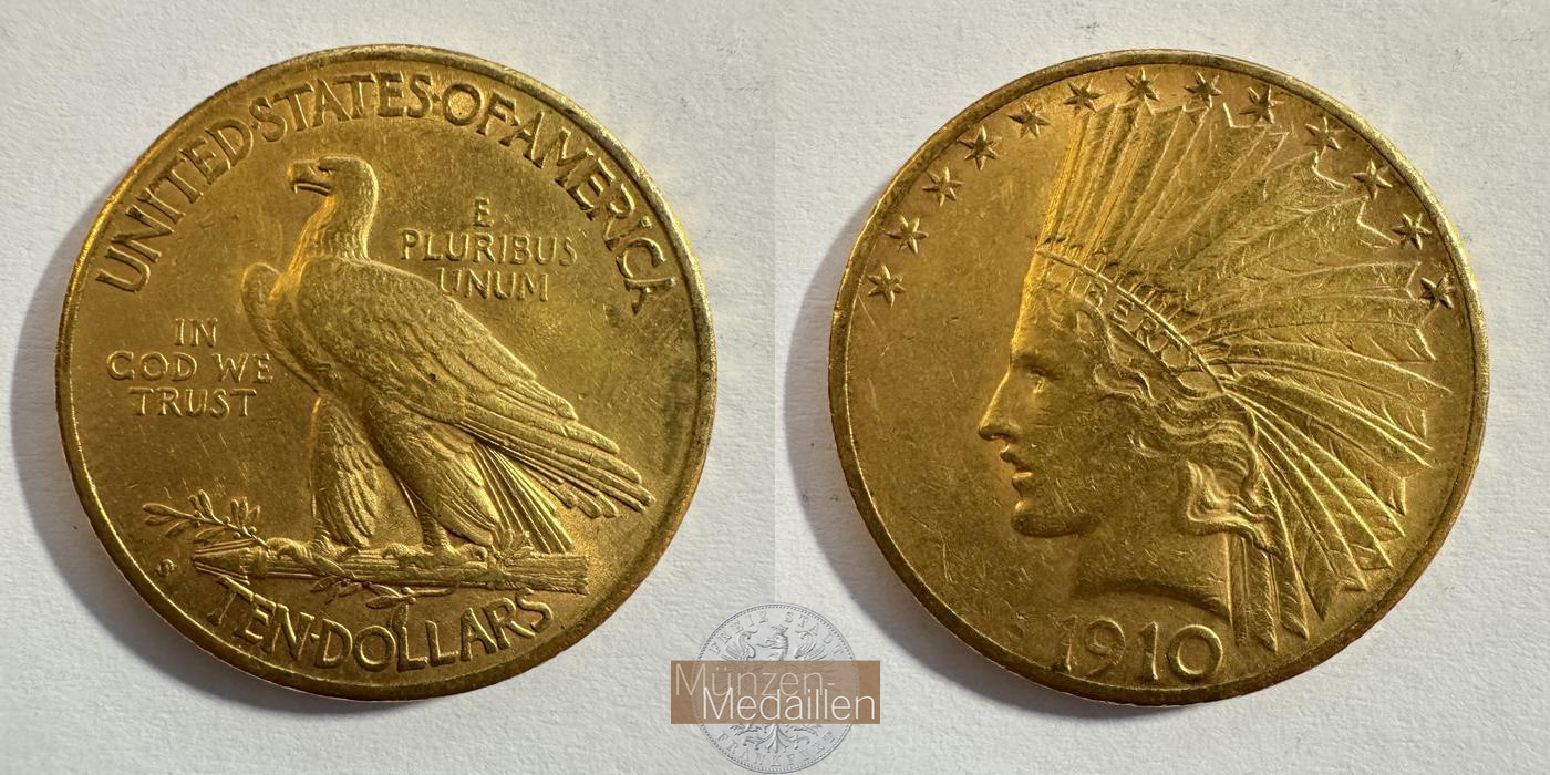  USA 10 Dollars (Indian Head) 1910 'S'  MM-Frankfurt KM#130 Feingold: 15,05g   