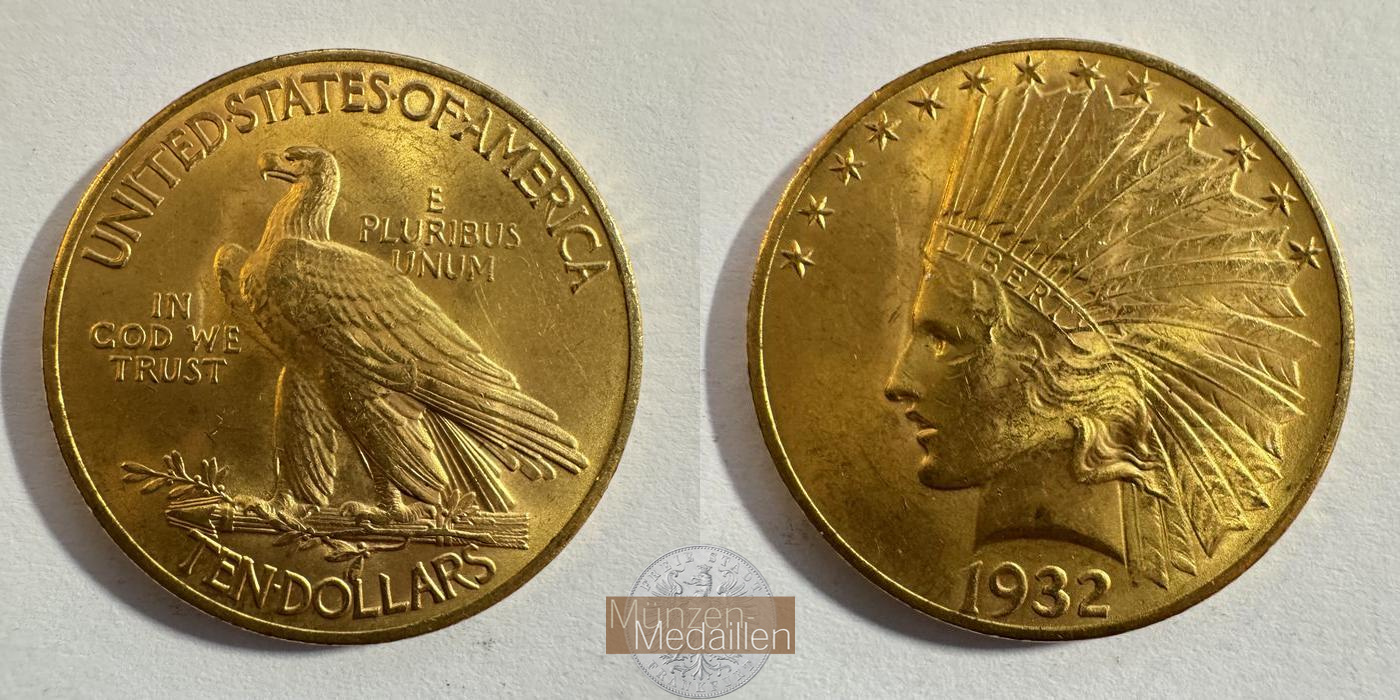  USA 10 Dollars (Indian Head) 1932 MM-Frankfurt KM#130 Feingold: 15,05g   