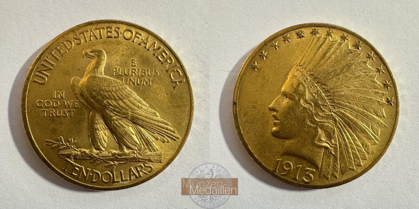  USA 10 Dollar Eagle Indian Head 1913 KM#130 MM-Frankfurt Feingold: 15,05g   