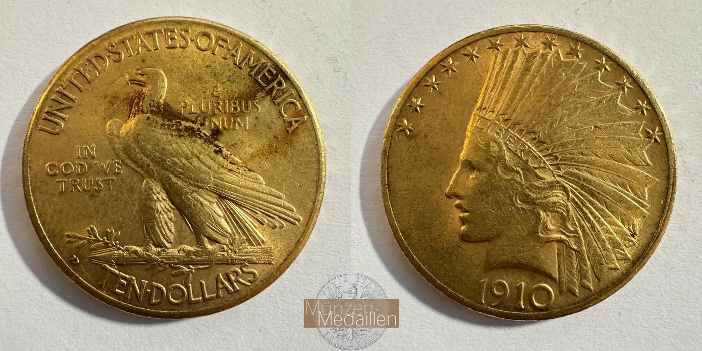  USA 10 Dollars (Indian Head) 1910 'D'  MM-Frankfurt KM#130 Feingold: 15,05g   