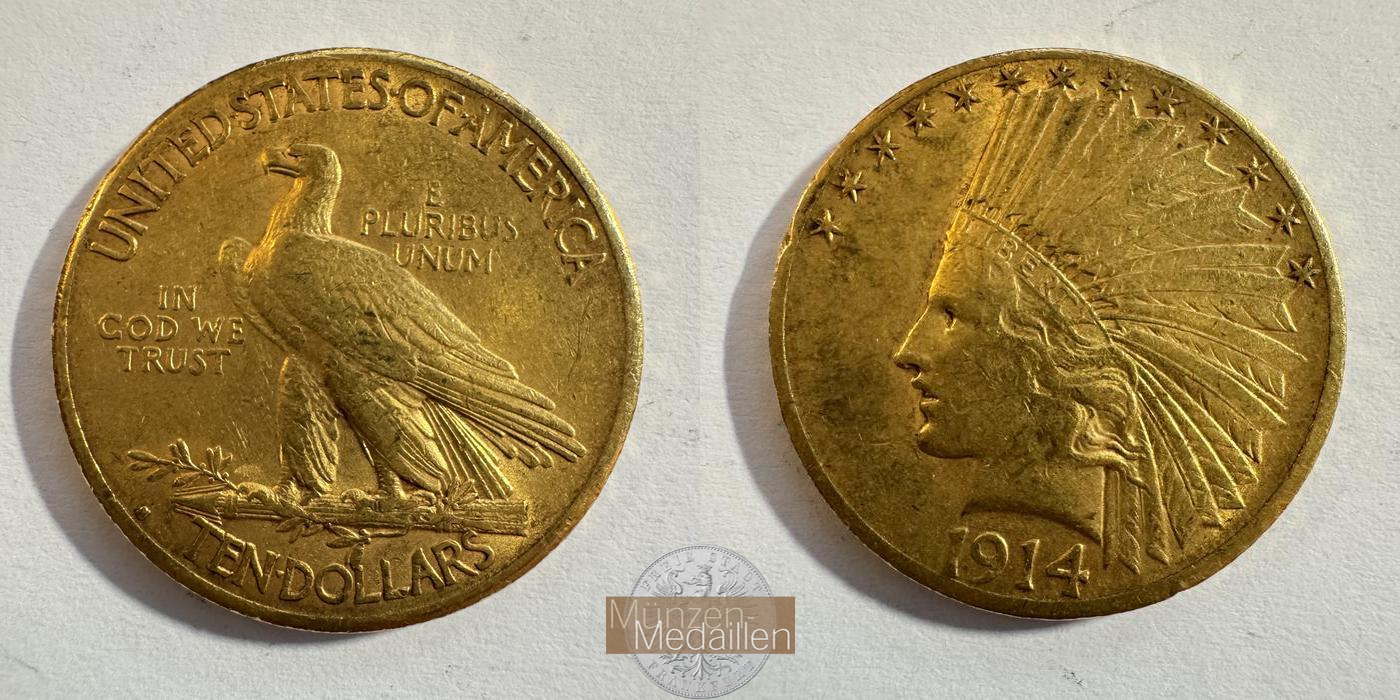  USA 10 Dollars (Indian Head) 1914 'S'  MM-Frankfurt KM#130 Feingold: 15,05g   