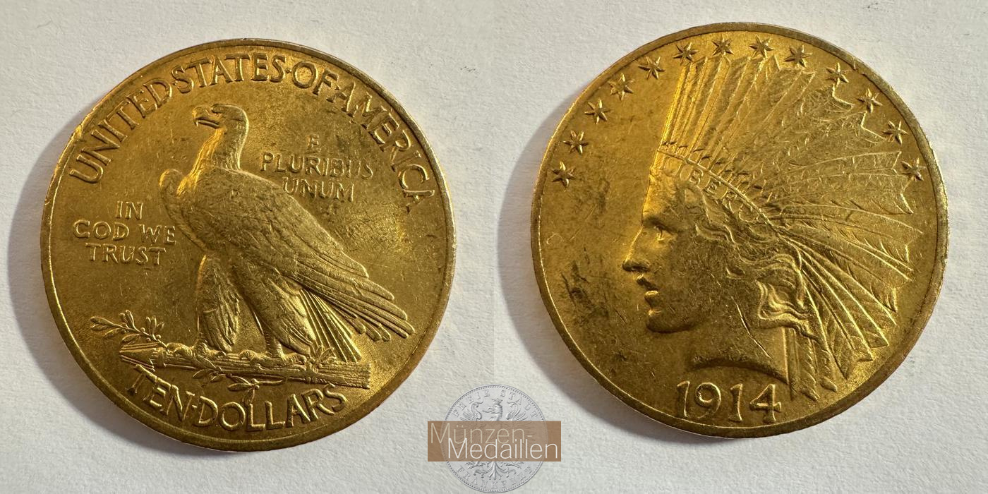  USA 10 Dollars (Indian Head) 1914 MM-Frankfurt KM#130 Feingold: 15,05g   