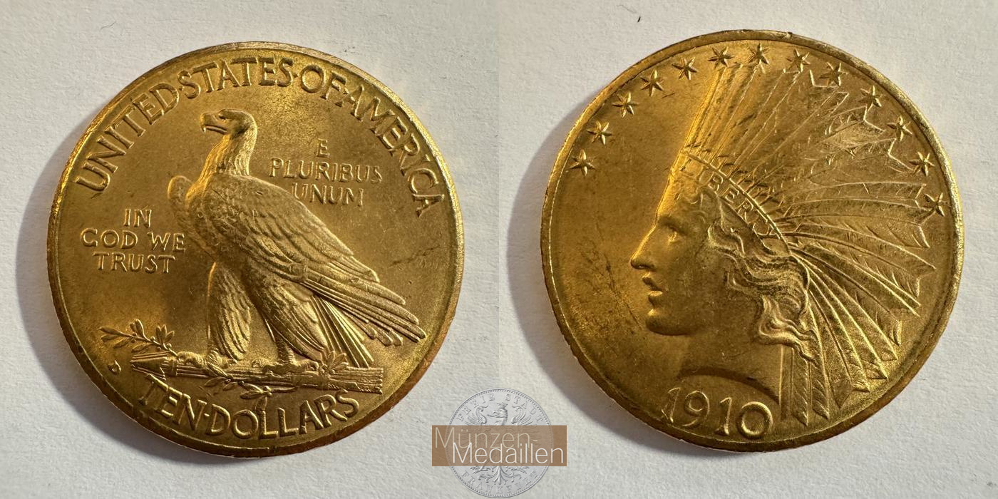  USA 10 Dollars (Indian Head) 1910 'D'  MM-Frankfurt KM#130 Feingold: 15,05g   