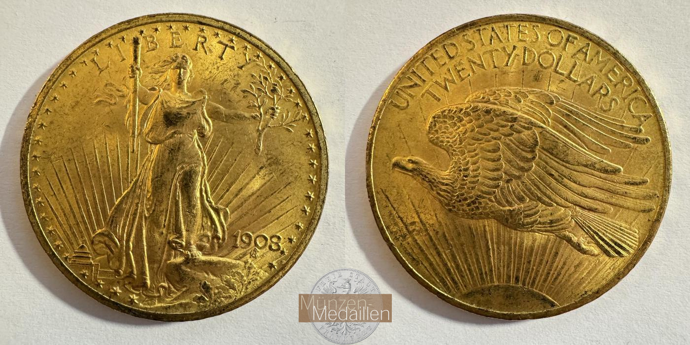  USA 20 Dollars (Saint-Gaudens-Double Eagle-No motto) 1908 MM-Frankfurt KM#127 Feingold: 30,1g   