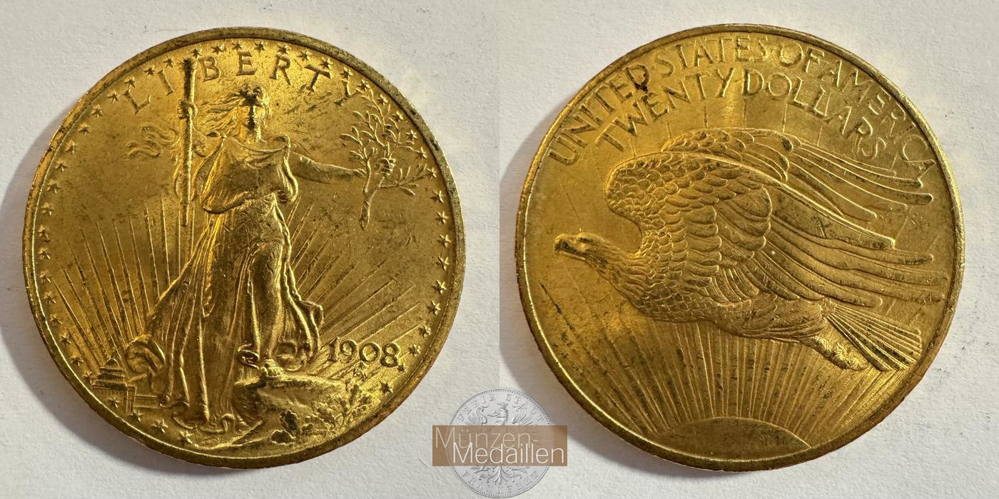  USA 20 Dollars (Saint-Gaudens-Double Eagle-No motto) 1908 MM-Frankfurt KM#127 Feingold: 30,1g   