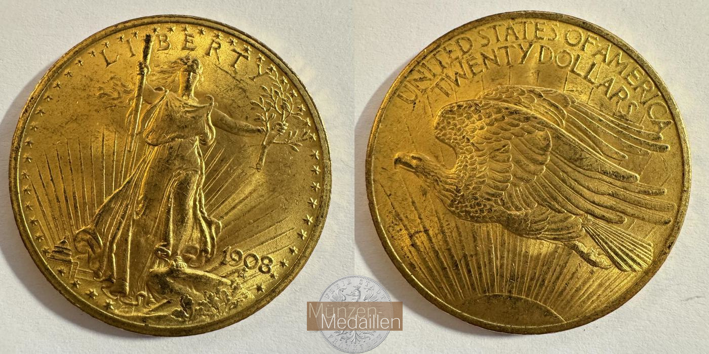  USA 20 Dollars (Saint-Gaudens-Double Eagle-No motto) 1908 MM-Frankfurt KM#127 Feingold: 30,1g   