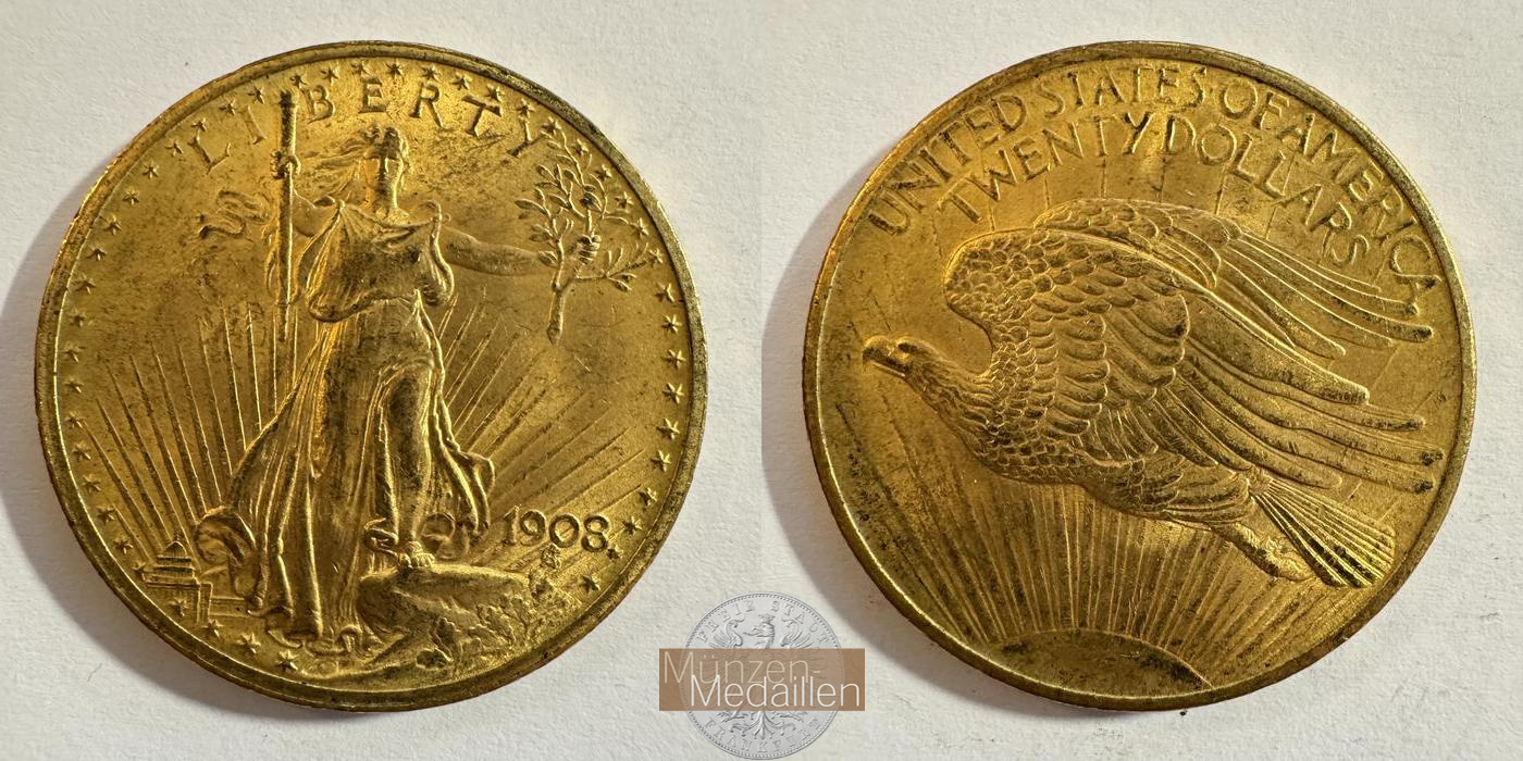  USA 20 Dollars (Saint-Gaudens-Double Eagle-No motto) 1908 MM-Frankfurt KM#127 Feingold: 30,1g   
