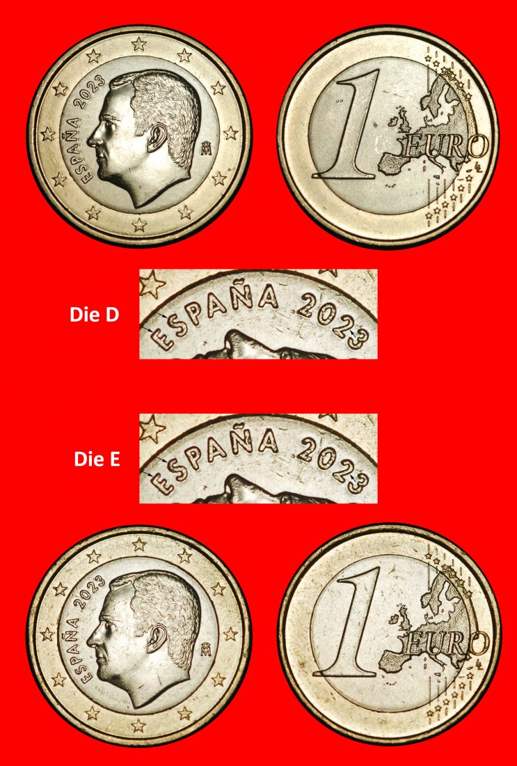  Ⰿ NON-PHALLIC TYPE 2015-2025: SPAIN ★ 1 EURO 2023 2 DISCOVERY COINS! LUSTRE! LOW START ★ NO RESERVE!   