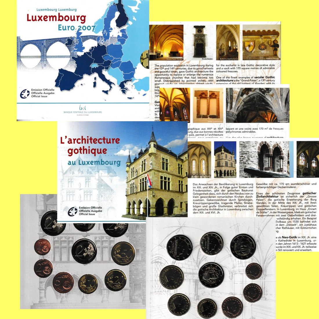  Offiz. Euro-KMS Luxemburg *Gotik* 2007 mit 2x2 €-Sondermünze 10 Münzen nur 11.000 Stück!   
