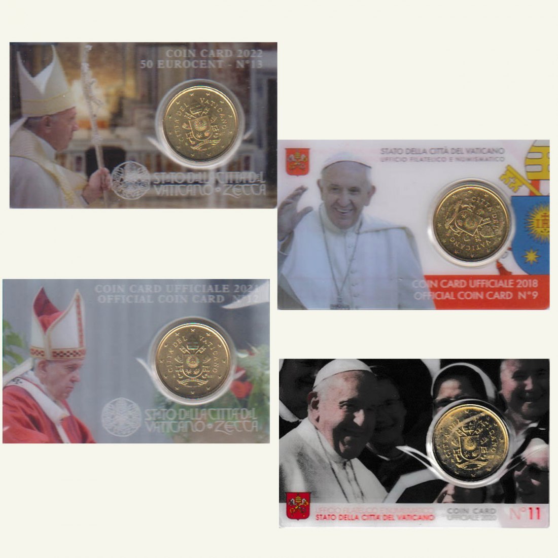  Offiz 4x Coincard mit 50-Centmünze Vatikan *Papst Franziskus I.* 2018, 2000, 2021, 2022   