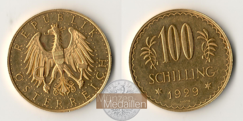  Österreich 100 Schilling 1929 (1926-1934) Prooflike MM-Frankfurt KM#2842 Feingold: 21,17g   