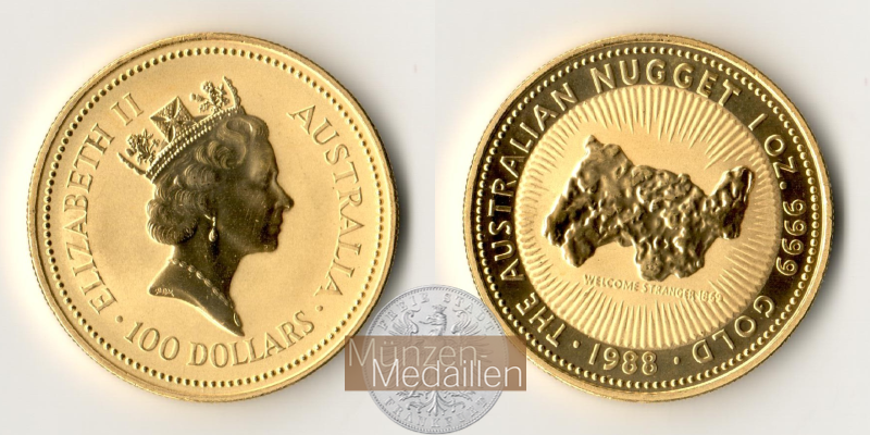 Australien  100 Dollar MM-Frankfurt Feingold: 31,1g Nugget 1988 