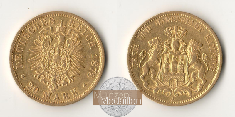 Hamburg, Kaiserreich MM-Frankfurt KM#602 Feingold: 7,17g 20 Mark (1875-1889) 1878 J 