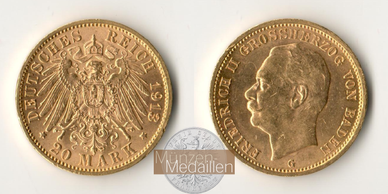 Deutsches Kaiserreich, Baden. MM-Frankfurt Feingewicht: 7,17g Gold 20 Mark 1913 G 