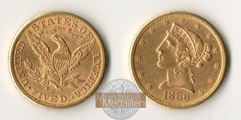 USA  5 Dollar MM-Frankfurt   Feingold: 7,52g Half Eagle 1886 