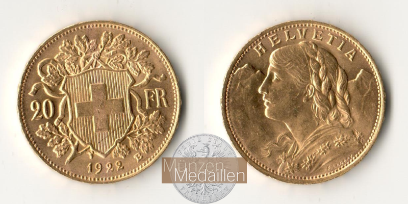 Schweiz  20sFR MM-Frankfurt Feingold: 5,81g Vreneli 1922 B 