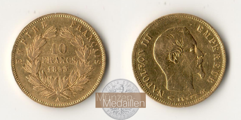 Frankreich MM-Frankfurt Feingold: 2,90g 10 Francs 1855 A 