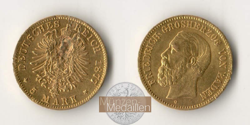 Baden Kaiserreich, 5 Mark MM-Frankfurt Feingold: 1,79g Friedrich I. 1852-1907 1877 G 