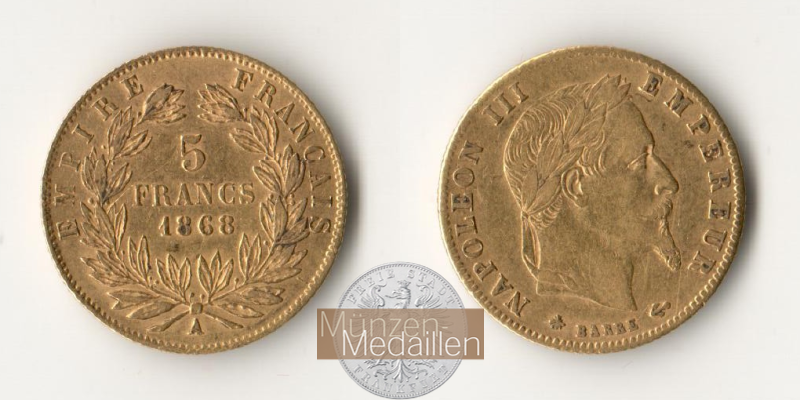 Frankreich MM-Frankfurt Feingewicht: 1,45g 5 Francs 1868 