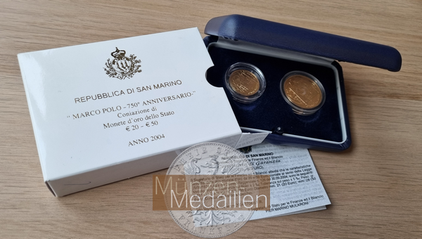 San Marino. 20 und 50 Euro 2004 MM-Frankfurt Feingold: ges. 20,32g 750. Geburtstag Marco Polo  