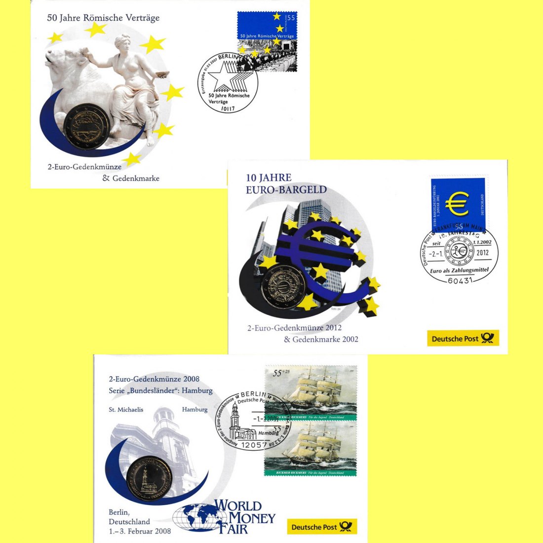  3 x Numisbriefe BRD mit 2-Euro-Gedenkmünzen 2007,2008 und 2012   