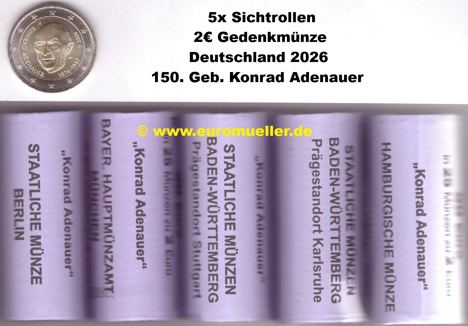 Deutschland 5 Rollen 2 Euro Gedenkmünze 2026...K. Adenauer...unc.   