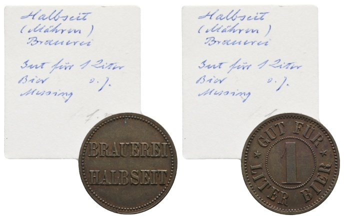  Mähren, Brauerei Halbseit, Gut für 1 Liter Bier, Messing, o.J.   