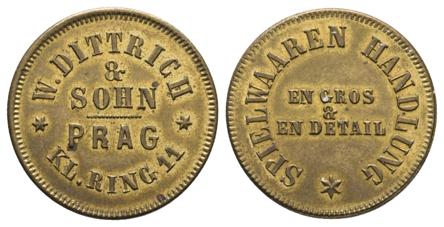  Prag, Messing-Marke, W.Dittrich & Sohn, Spielwaaren Handlung   