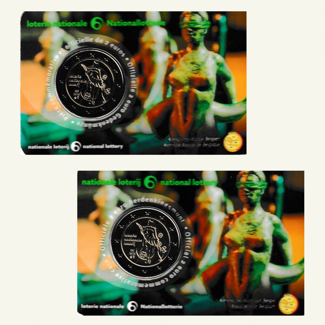  Offiz Coincard 2 x 2-€-Sondermünze Belgien *90 Jahre Nationallotterie* 2025 Ausgabe NL + F   