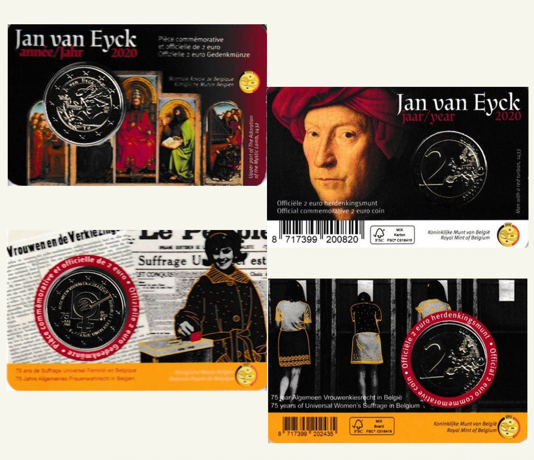  Coincard 2 x 2-€-Sondermünze Belgien *Jan van Eyck* 2020 Fr + *Frauenwahlrecht* 2023 NL   