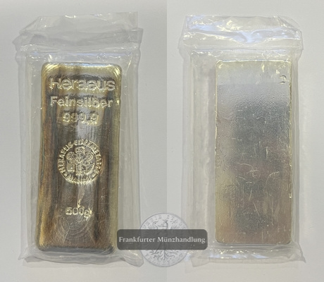  Deutschland Heraeus Edelmetalle Silberbarren 500g FM-Frankfurt Feinsilber: 500g   