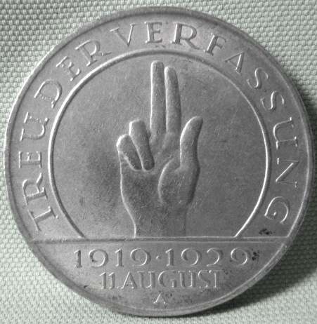  Weimar, 3 Mark 1929 A, Schwurhand, J 340   